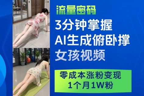 3分钟掌握AI生成俯卧撑女孩视频，零成本涨粉变现，1个月1W粉-小知云程阁
