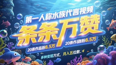 第一人称水族代言视频，条条万赞，20条作品涨粉7.8W，多种变现方式月入五位数-小知云程阁